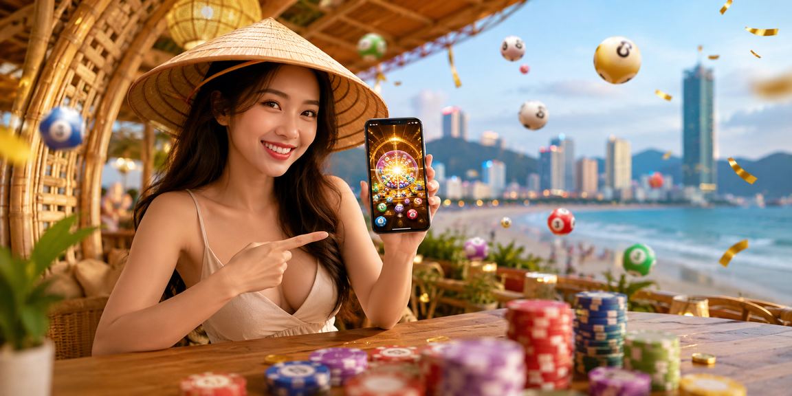Người phụ nữ đội nón lá bán vé số tại Vũng Tàu dưới nắng chiều